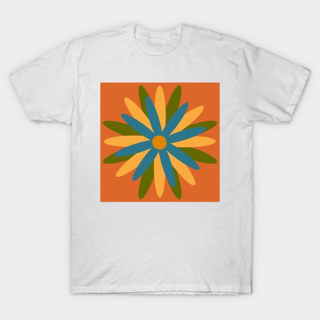 Orange, yellow, blue, green, simple, scandi flower T-Shirt by Kimmygowland